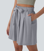 High Waisted Belted Casual Linen-Feel Bermuda Shorts with Pockets