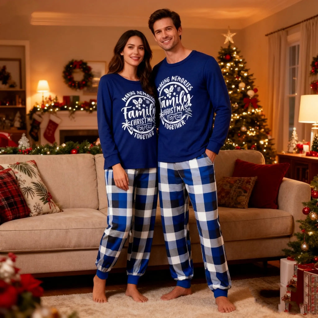 Christmas Couple Blue Plaid Pajamas With Make Memories Together 2025 Print