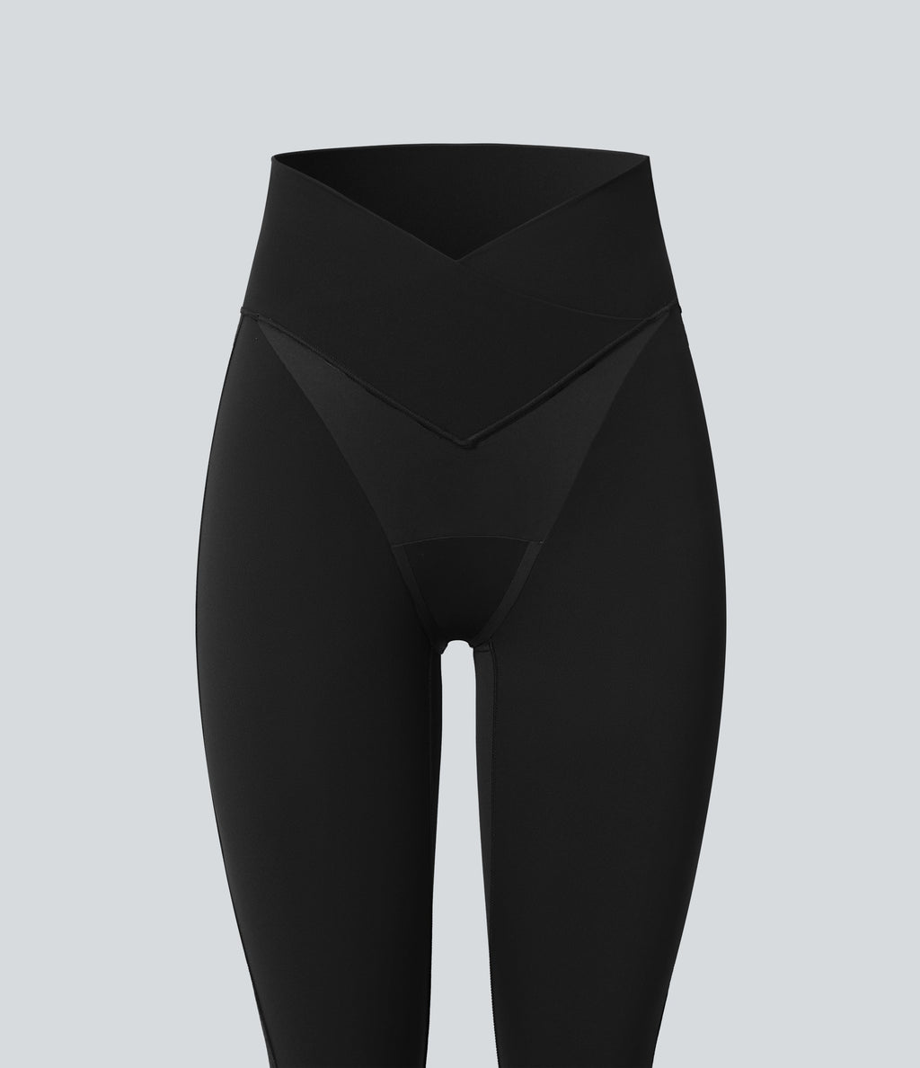 SoftlyZeroTM High Waisted Crossover Contrast Lace Built-in Underwear Yoga Leggings with Pocket-UPF50+