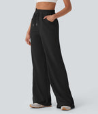 High Waisted Drawstring Cinchable Hem Wide Leg Casual Pants with Pockets