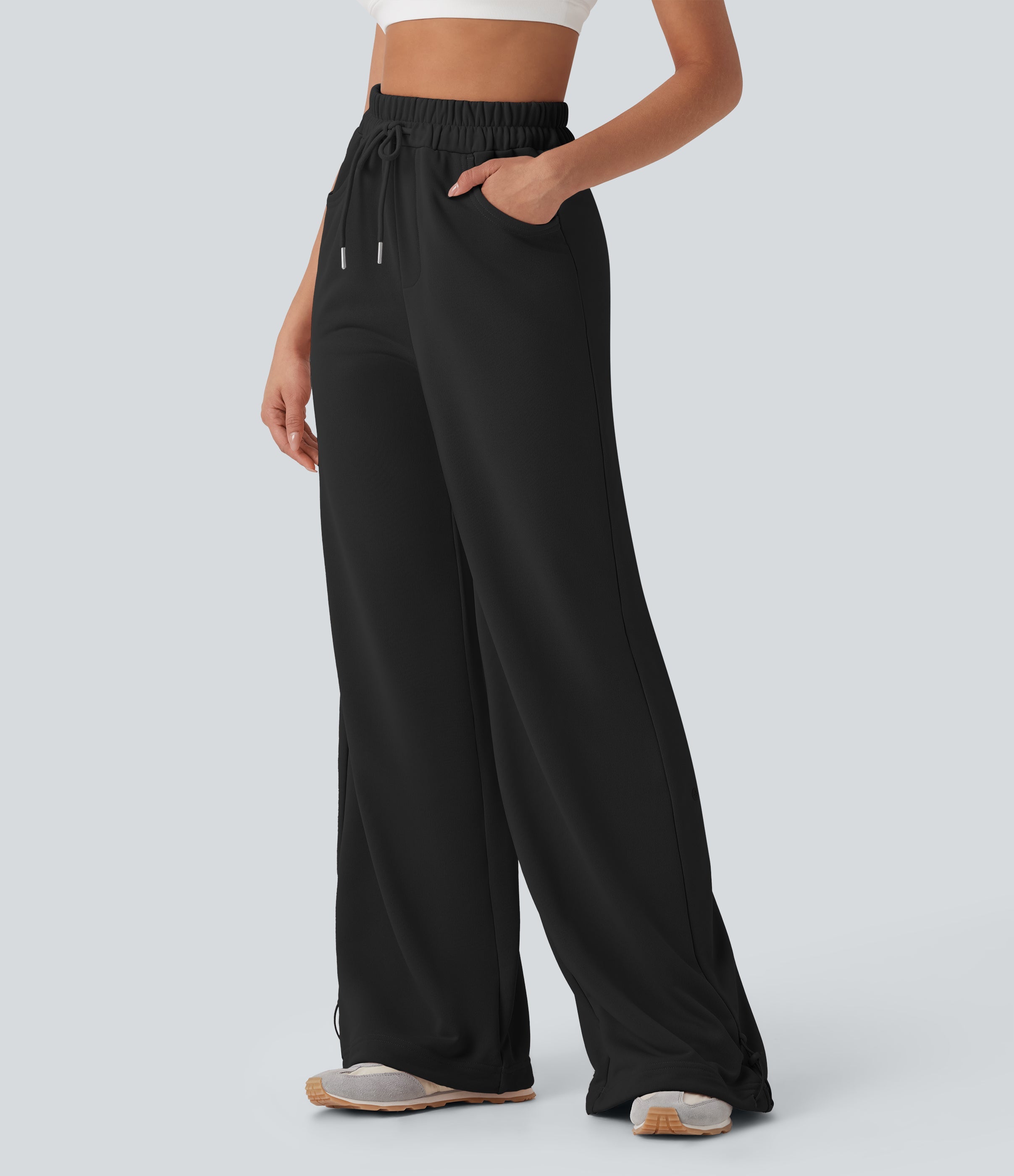 High Waisted Drawstring Cinchable Hem Wide Leg Casual Pants with Pockets