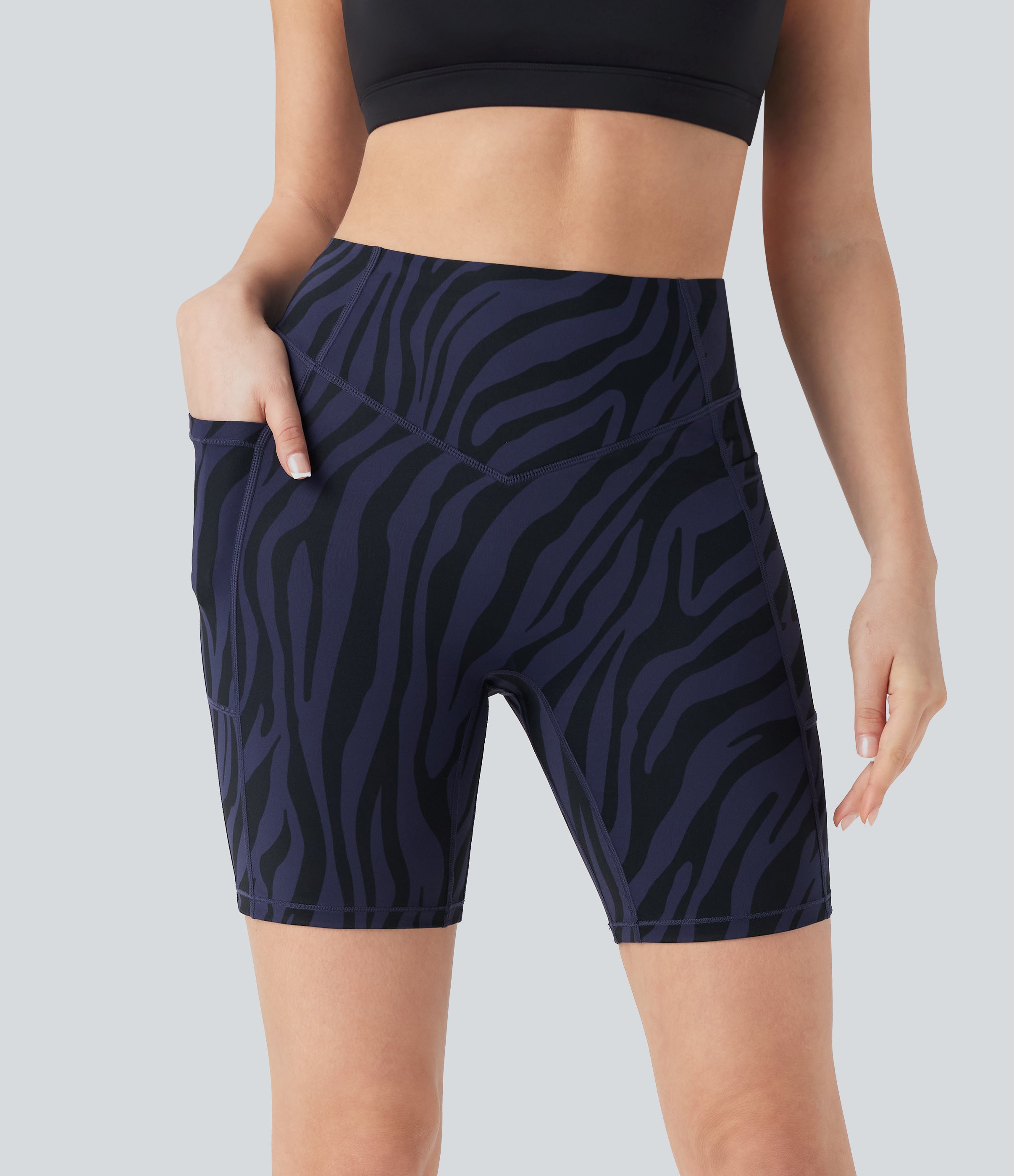 SoCinched High Waisted Tummy Control Zebra Print Training Biker Shorts 7'' with Pockets