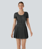 FlexTM Pleated Hem 2-in-1 Cool Touch Washed Denim Tennis Active Dress with Pockets