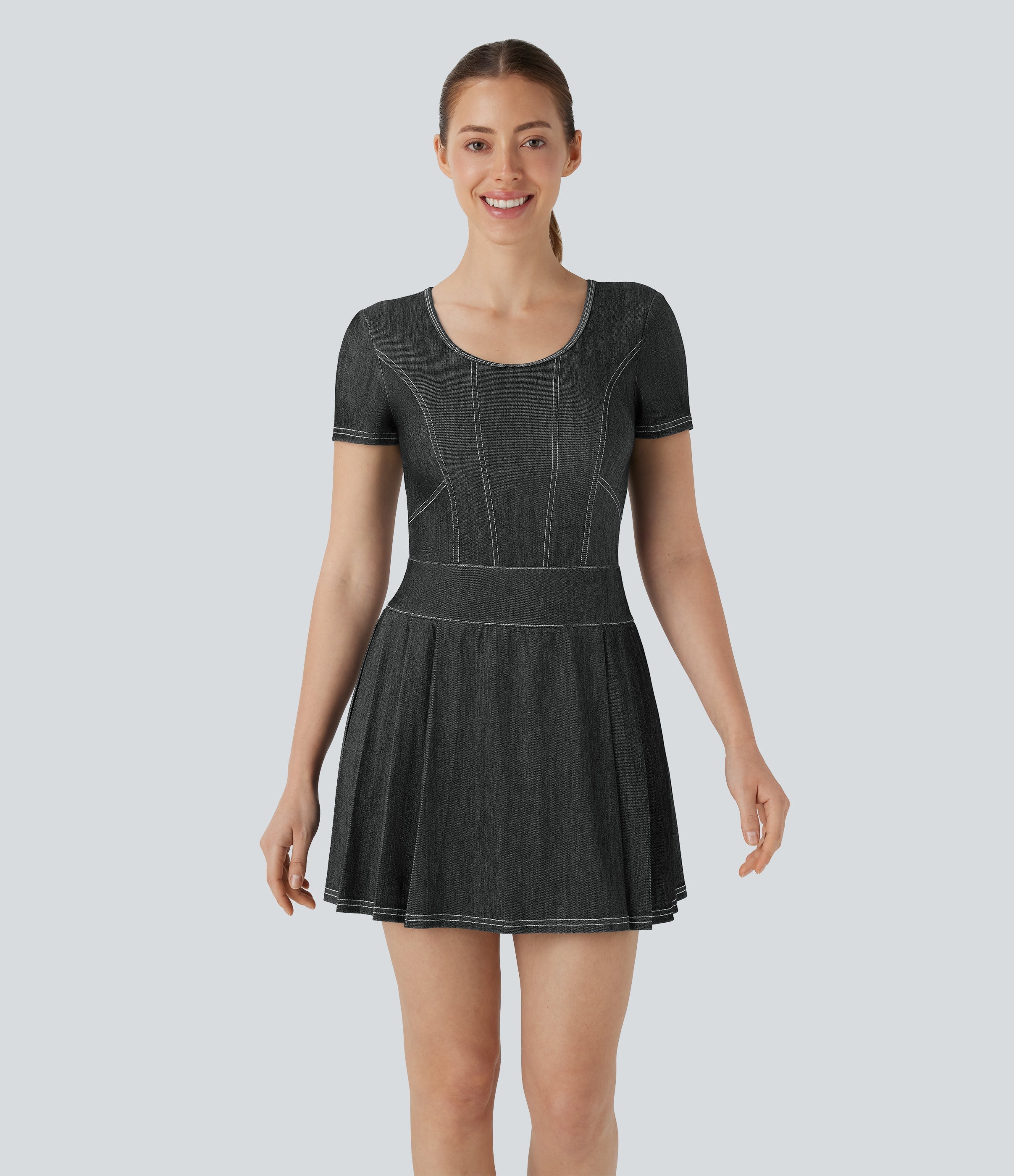 FlexTM Pleated Hem 2-in-1 Cool Touch Washed Denim Tennis Active Dress with Pockets