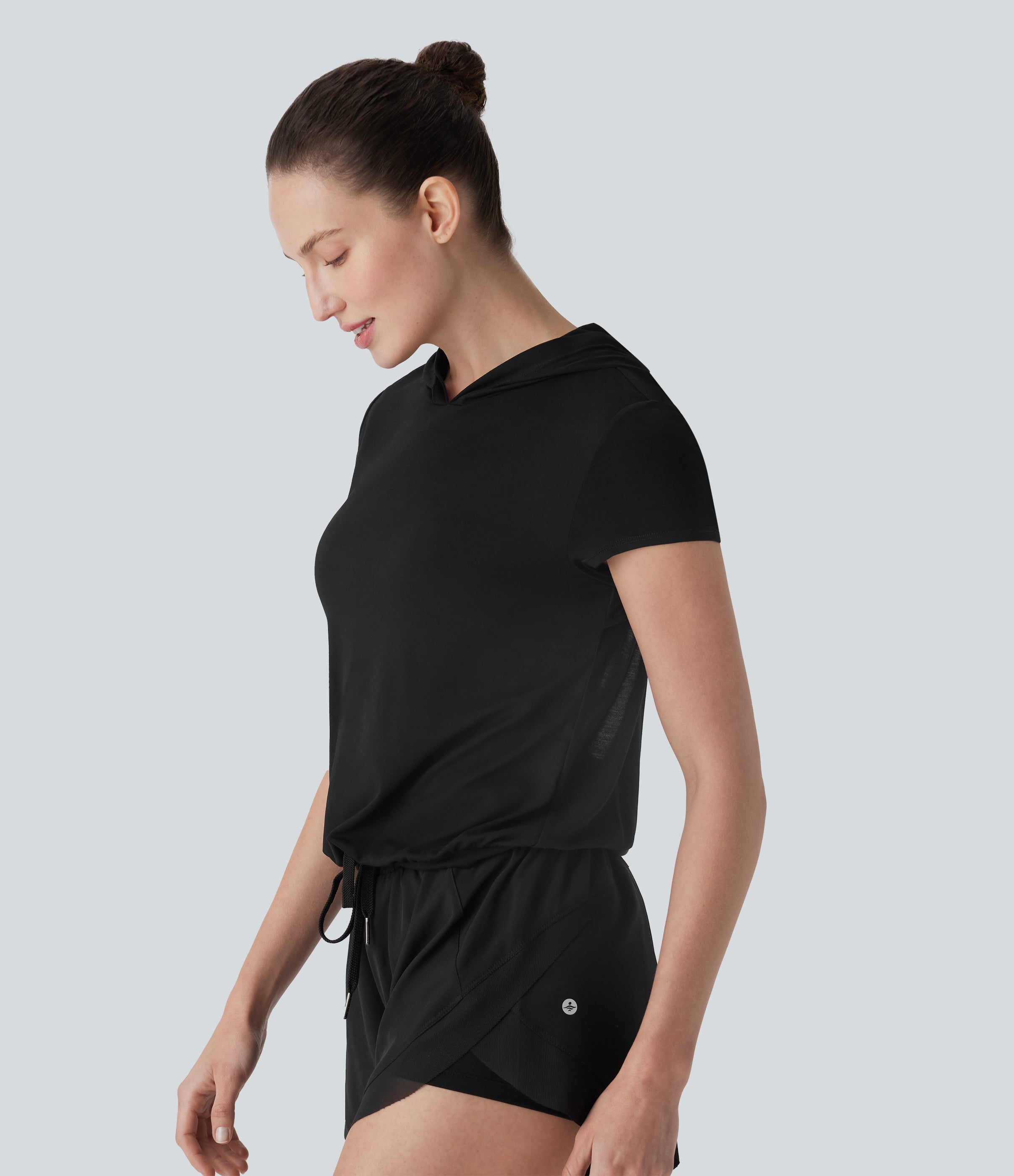 Hooded Short Sleeve Cut Out Yoga Sports Top