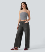 FlexTM Asymmetric Low Rise Zipper Pockets Baggy Wide Leg Washed Casual Jeans