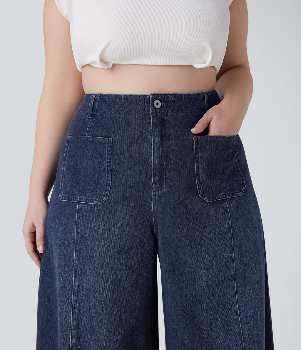 FlexTM High Waisted Pockets Washed Casual Wide Leg Plus Size Jeans