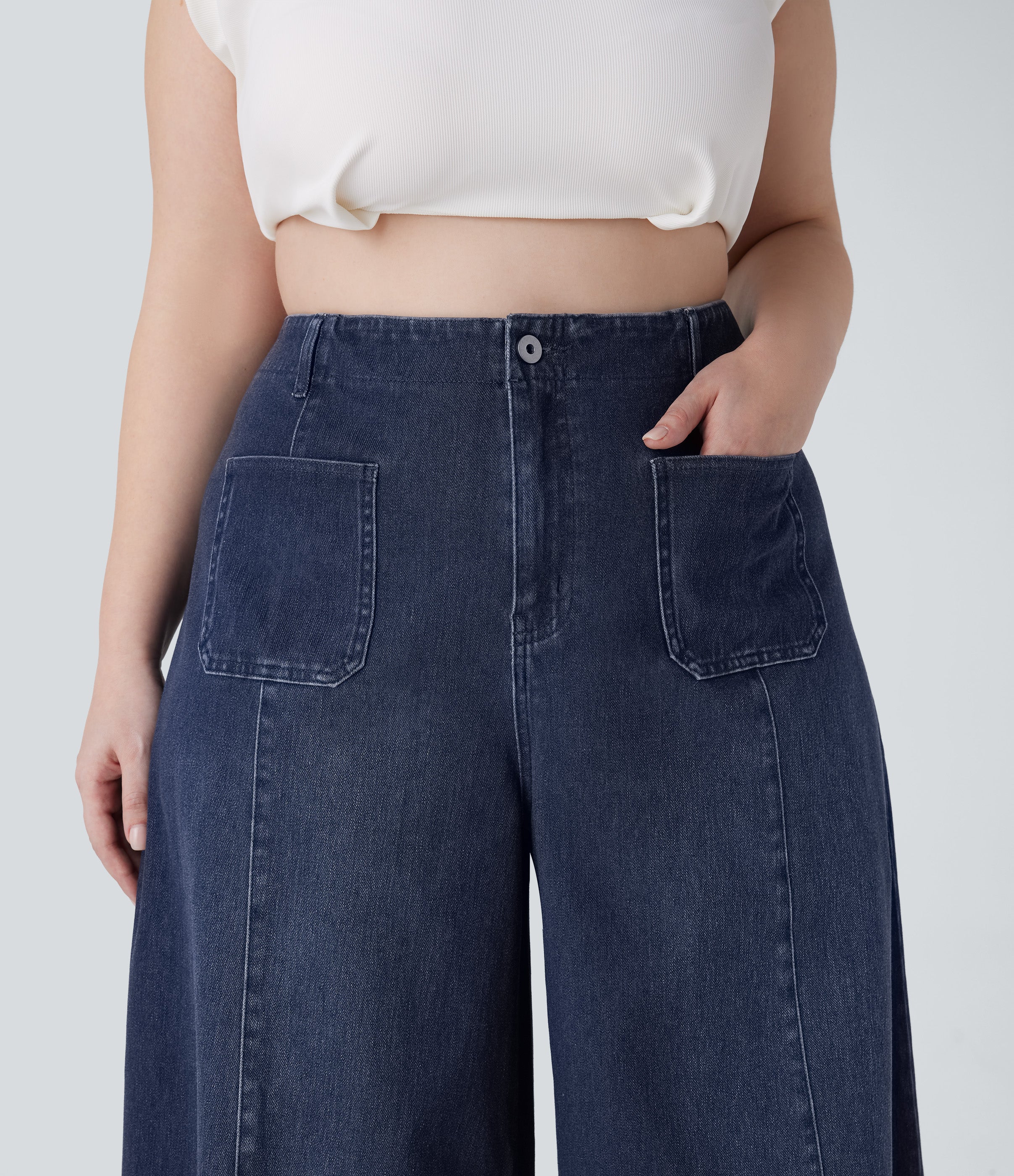 FlexTM High Waisted Pockets Washed Casual Wide Leg Plus Size Jeans