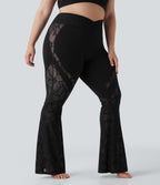SoftlyZeroTM Crossover High Waisted Contrast Lace Yoga Plus Size Flare Leggings with Pocket