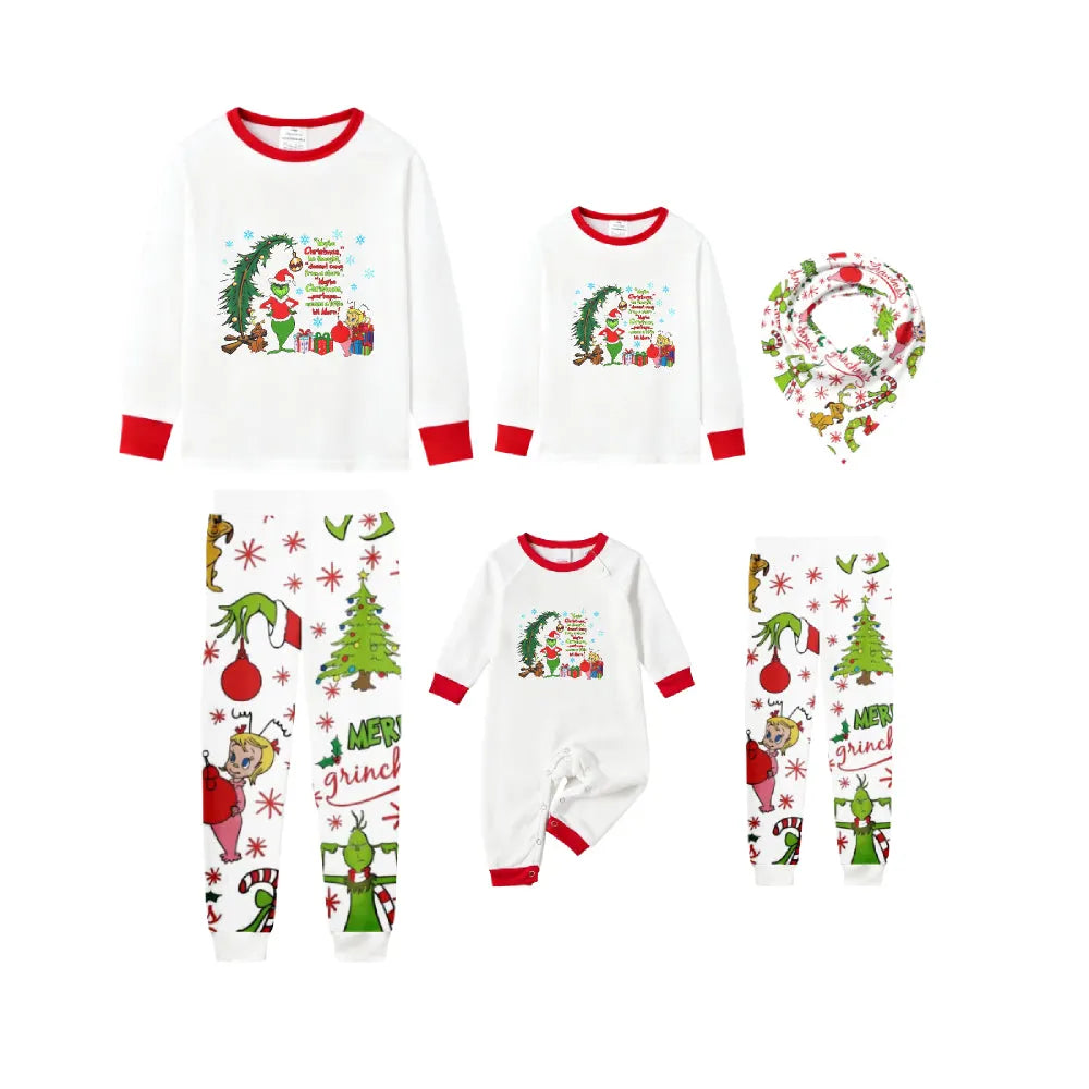 Family Christmas White Pajamas Set With Funny Xmas Pattern Print
