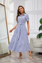 Womens Casual Short Sleeve Button Down Tie Waist Ruffled Striped Maxi Shirt Dress(Buy 2 Free Shipping)