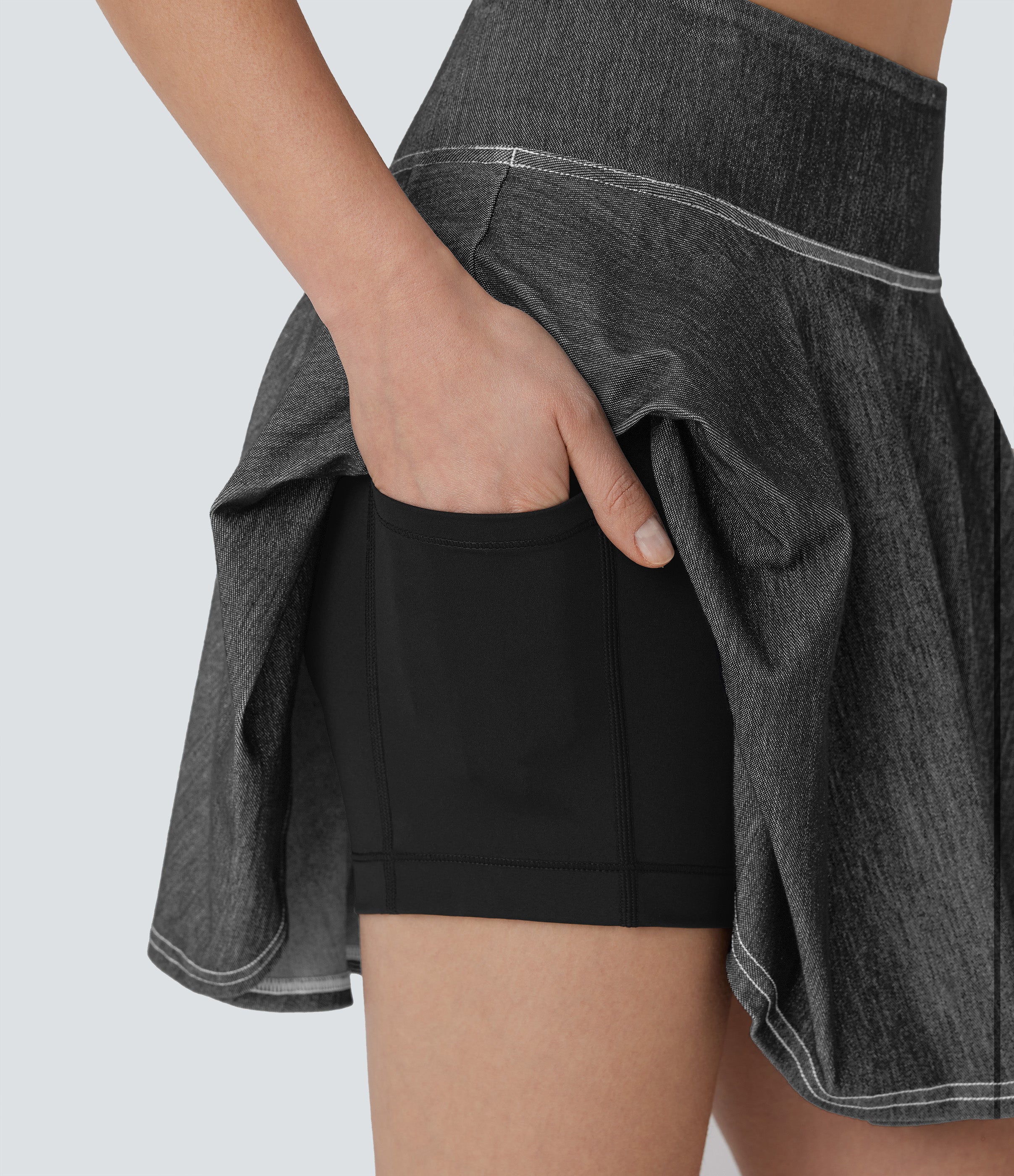 FlexTM High Waisted 2-in-1 Cool Touch Washed Stretchy Knit Denim Mini Tennis Skirt with Pockets