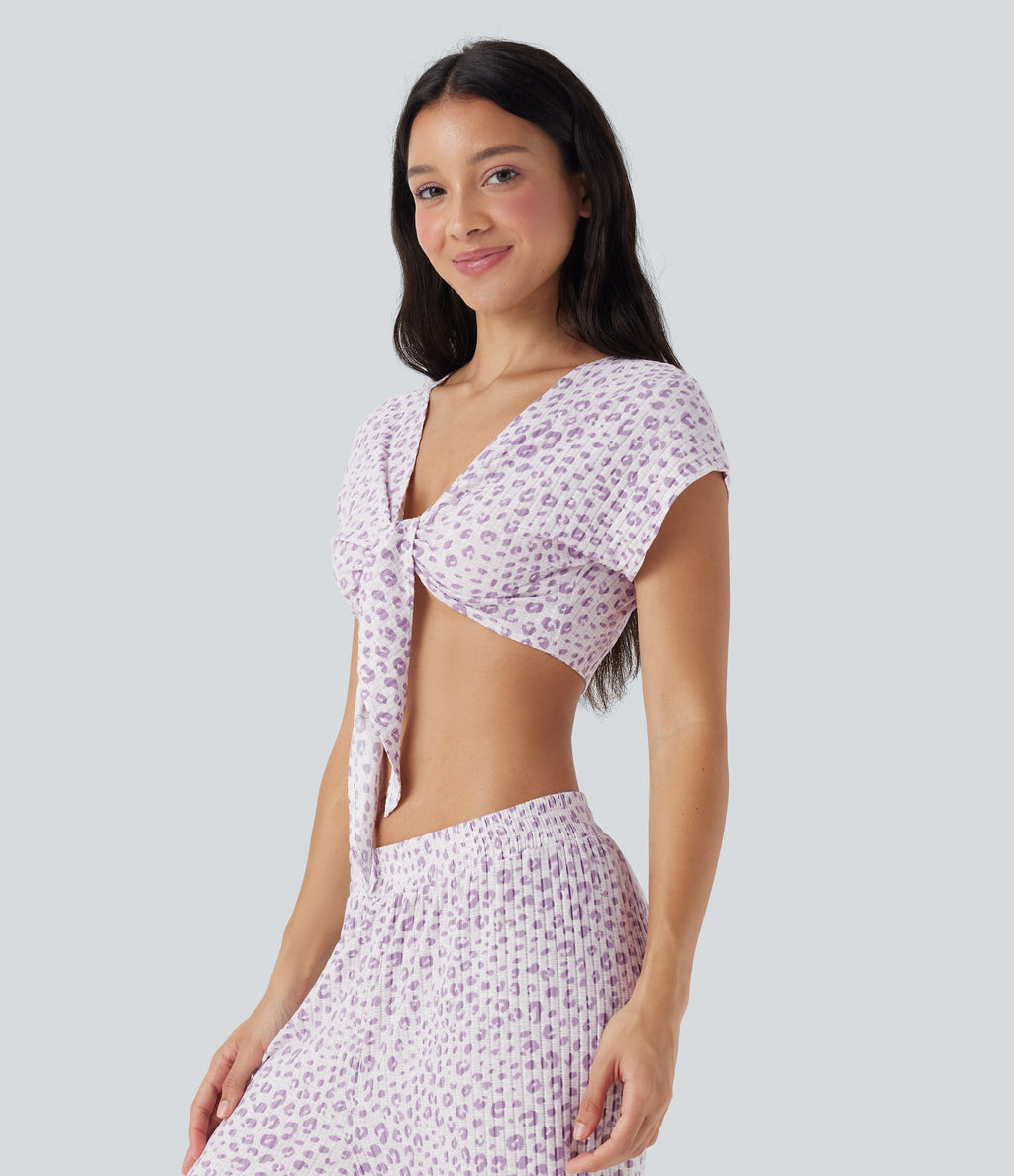 Tie Front Short Sleeve Leopard Print Cropped Lounge Top