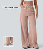 High Waisted Drawstring Cinchable Hem Wide Leg Casual Pants with Pockets