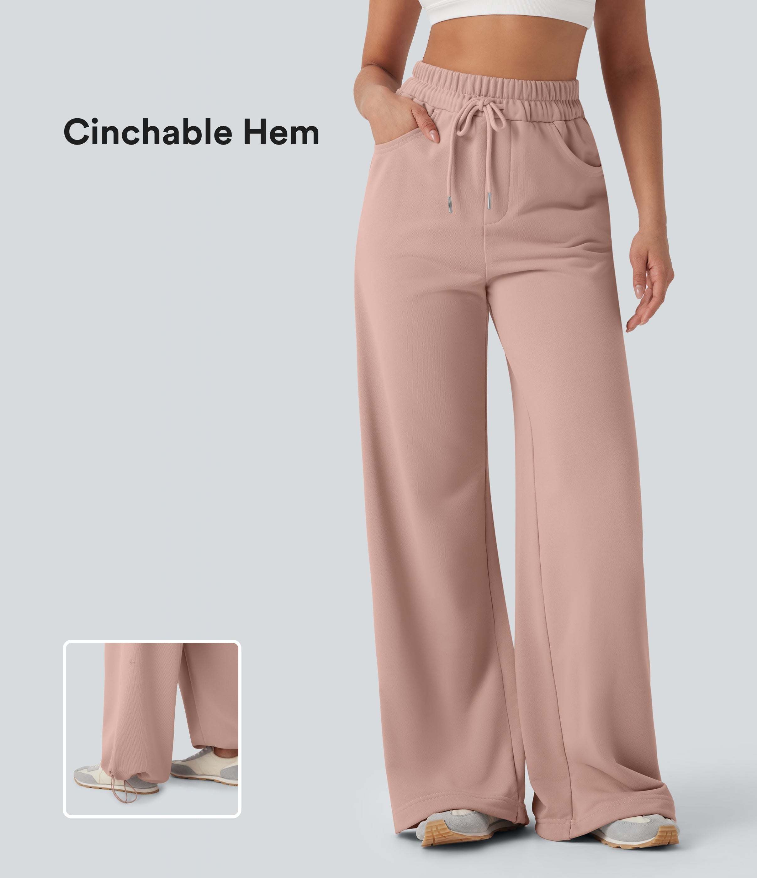 High Waisted Drawstring Cinchable Hem Wide Leg Casual Pants with Pockets