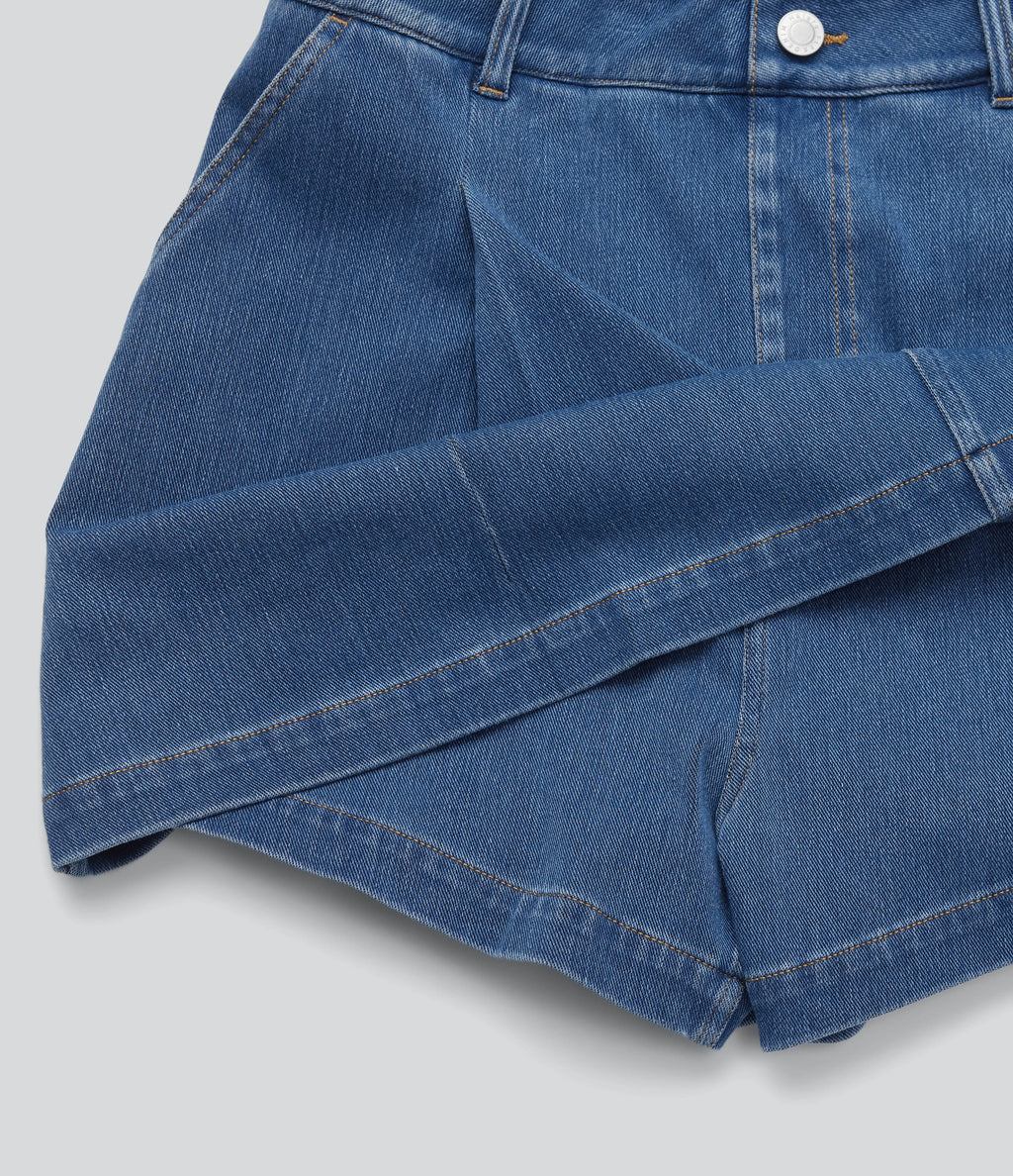 FlexTM High Waisted 2-in-1 Washed Stretchy Knit Denim Casual A-line Skort with Pockets