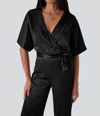 Crossover V Neck Belted Wide Leg Satin-like Work Jumpsuit with Pockets