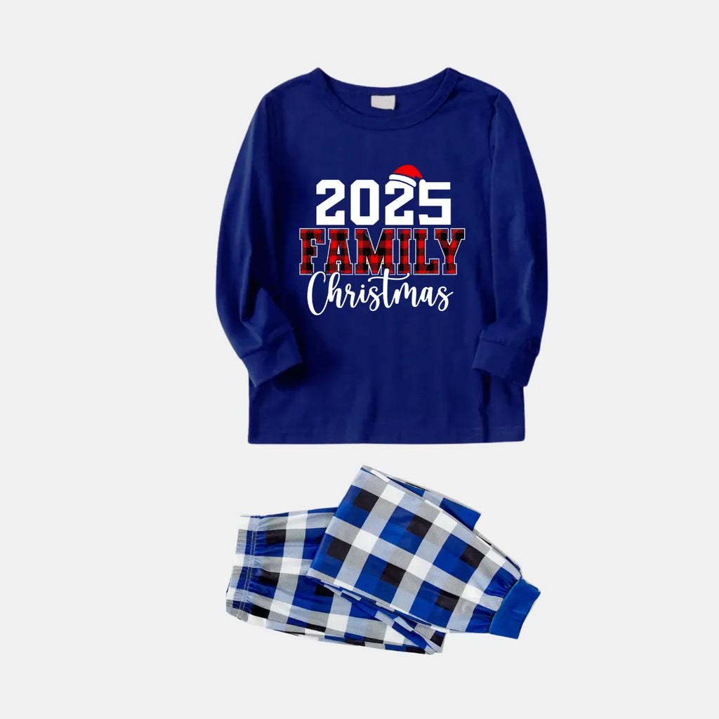 Couple Matching Blue Plaid Pajamas With "2025 Family Christmas" Text Printed