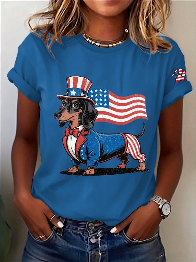 Women's Patriotic Dog Lover Printed Casual T-Shirt