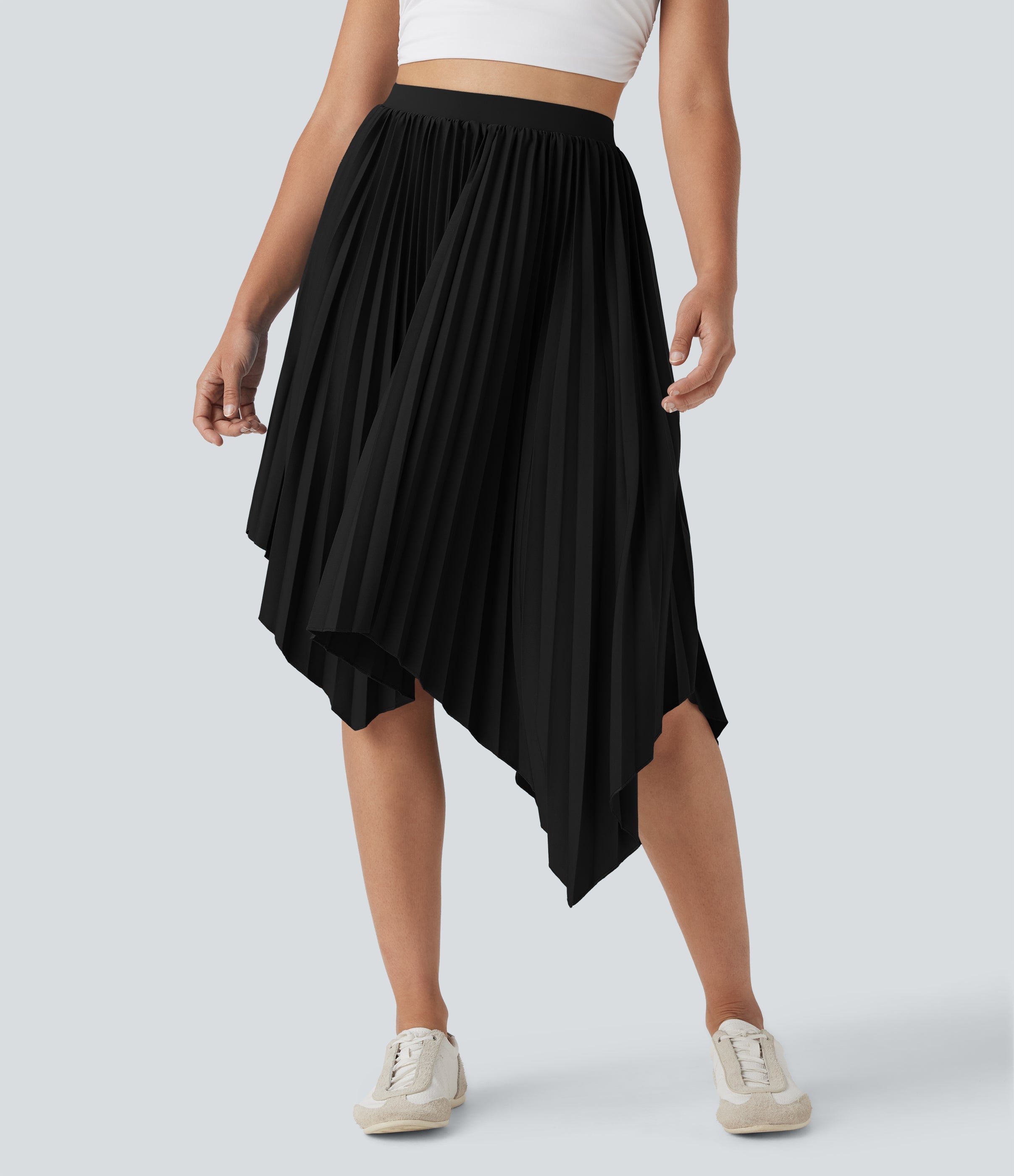 High Waisted Pleated Asymmetrical Hem Casual Skirt with Pockets