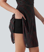 Sleeveless Plaid Contrast Mesh 2-in-1 Mini Casual Dress with Pocket