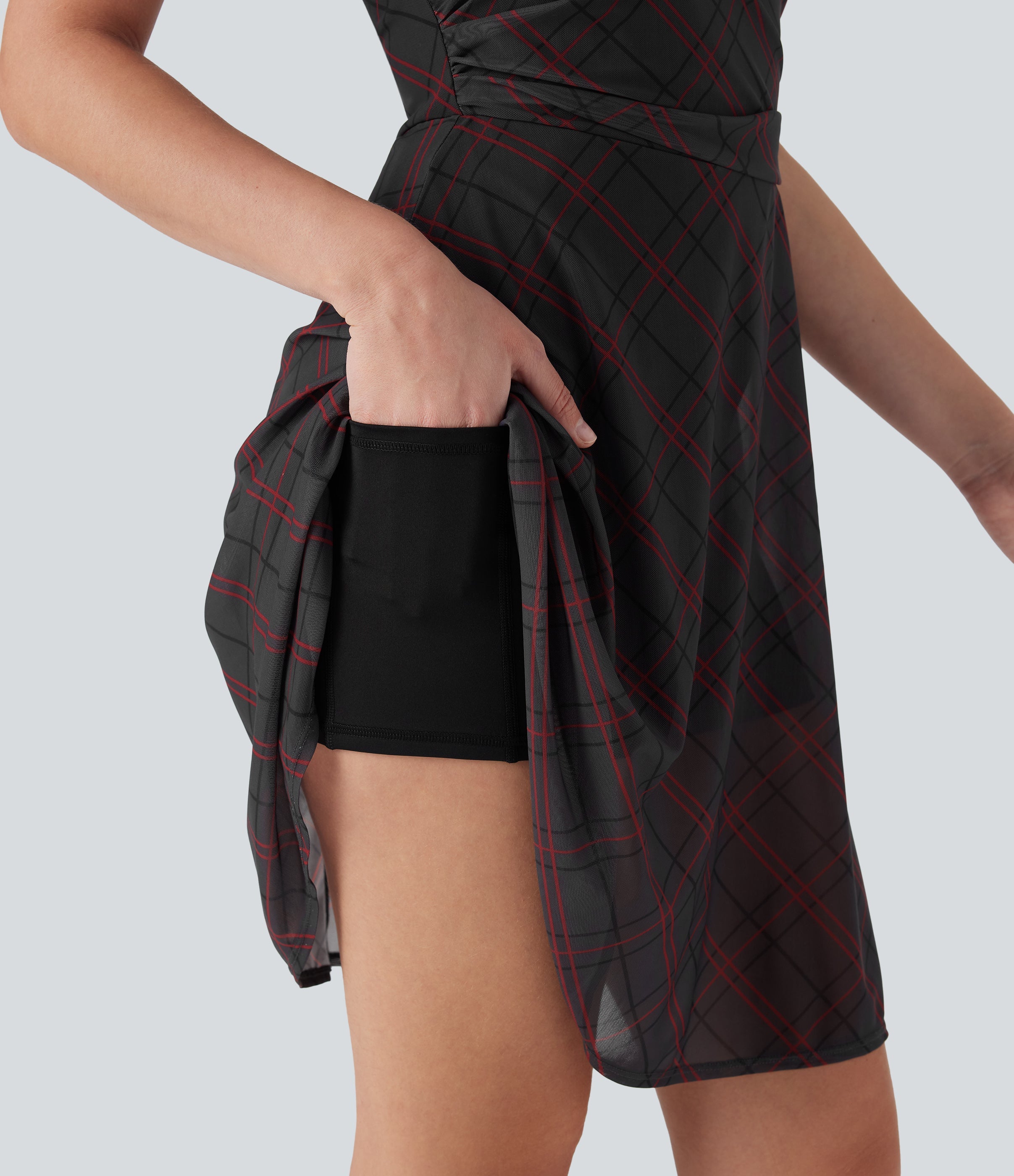 Sleeveless Plaid Contrast Mesh 2-in-1 Mini Casual Dress with Pocket