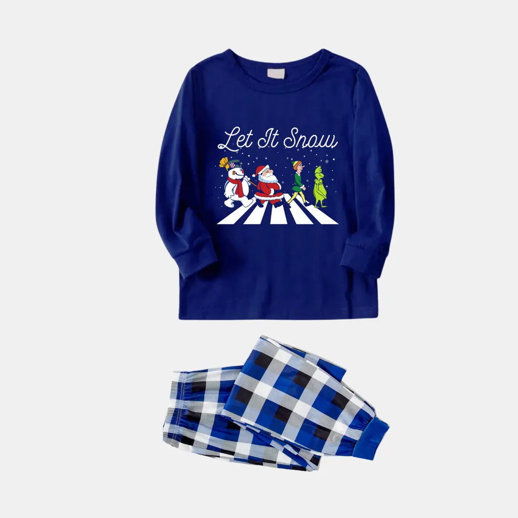 Couple Navy & White Plaid Pajamas Set with Santa Claus and Cartoon Pattern Print