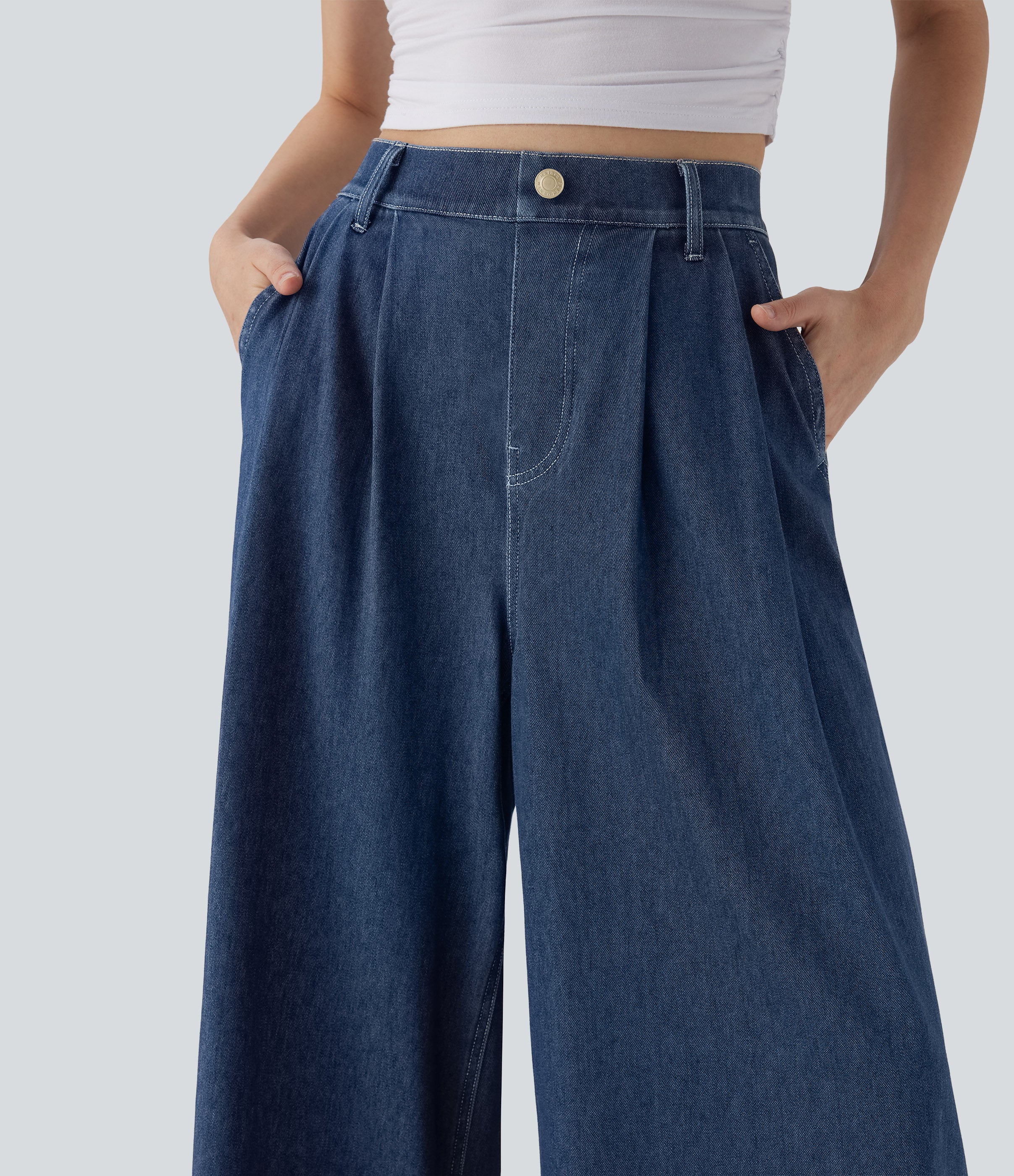 FlexTM High Waisted Wide leg Cool Touch Quick Dry Denim Casual Jeans with Pockets