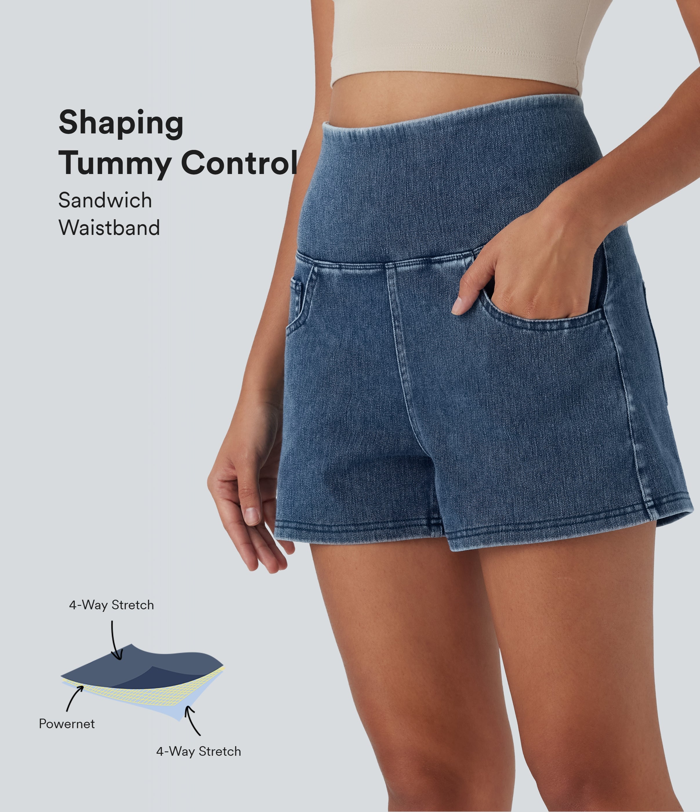 FlexTM SoCinched High Waisted Tummy Control Denim Casual Shorts 3'' with Pockets