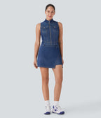 FlexTM Stand Collar Zipper Cool Touch Washed Denim Tennis Tank Top
