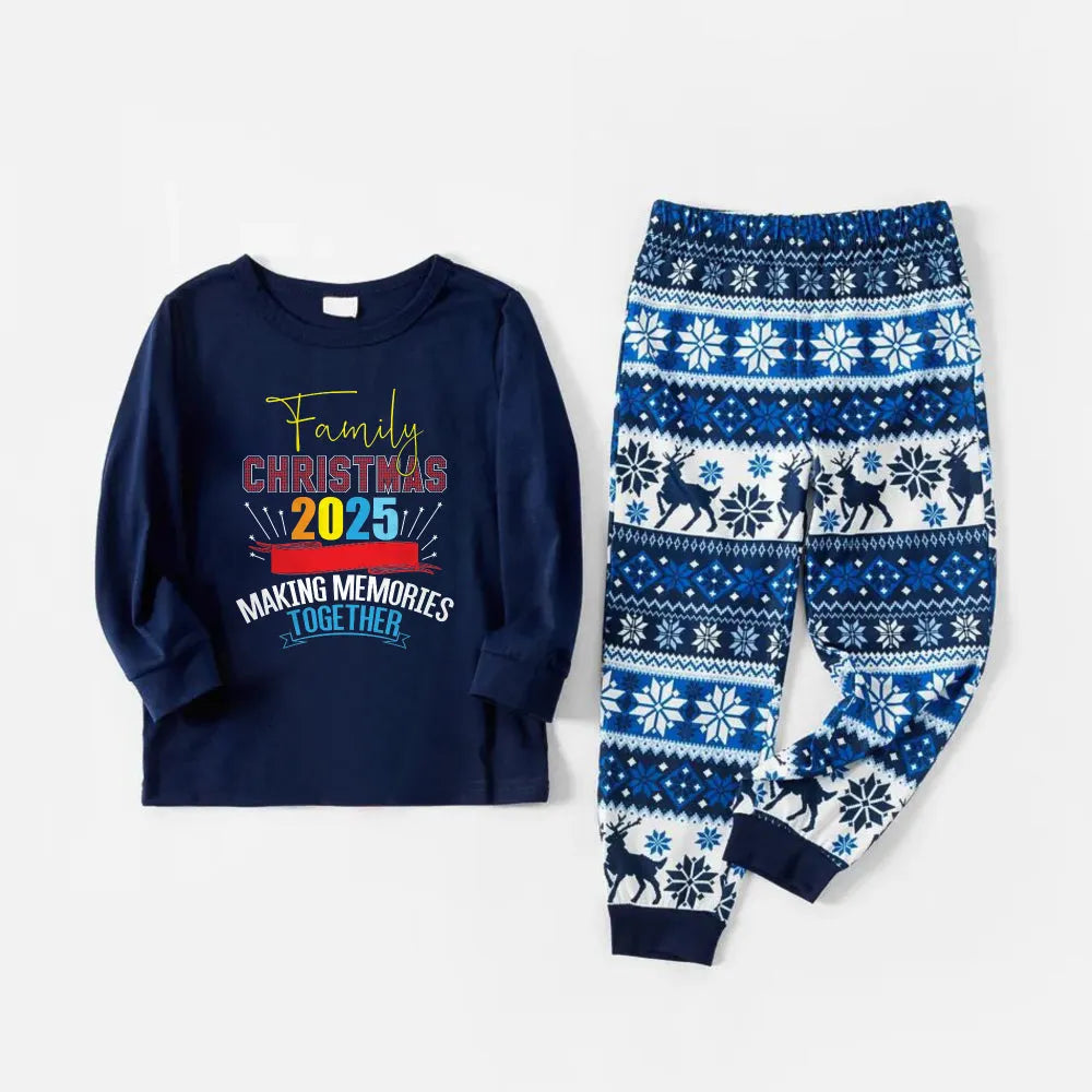 Joyful Blue Christmas Pajamas Set  With Christmas Text Pattern Edition