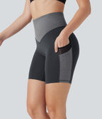 High Waisted Color Block Contrast Mesh Quick Dry Yoga Biker Shorts 7'' with Pockets