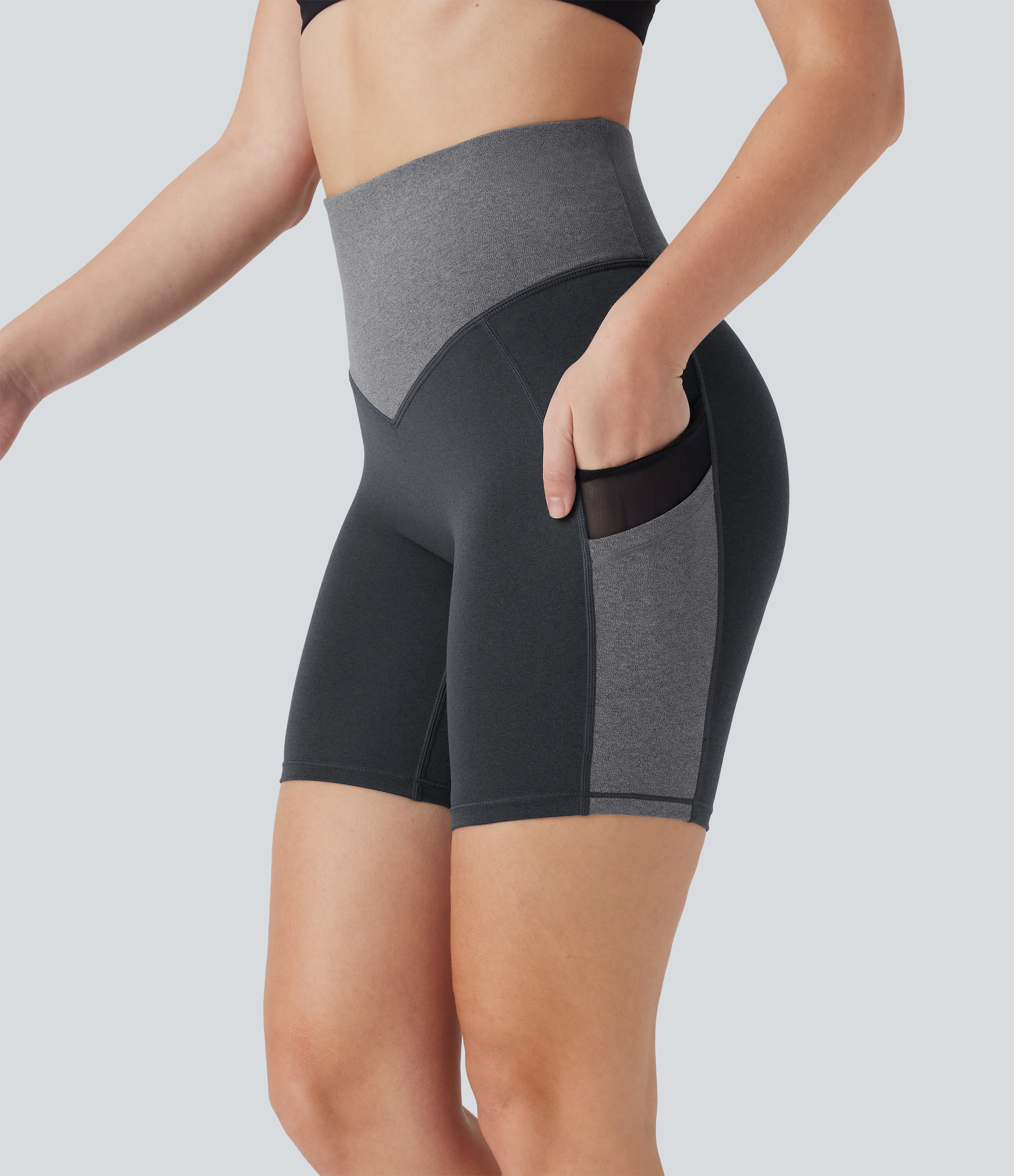 High Waisted Color Block Contrast Mesh Quick Dry Yoga Biker Shorts 7'' with Pockets