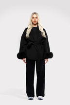 Women's Elegant Solid Color Waist Tie Fuzzy Cuff Wrap Coat, Premium Plush Long Sleeve Thermal Coat, Outerwear Jacket for Fall & Winter(CN/US)