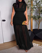 Mock Neck Sleeveless Sheer Mesh Spliced Maxi Dress Elegant Cinched Waist Zipper Side Ruched Evening Dress