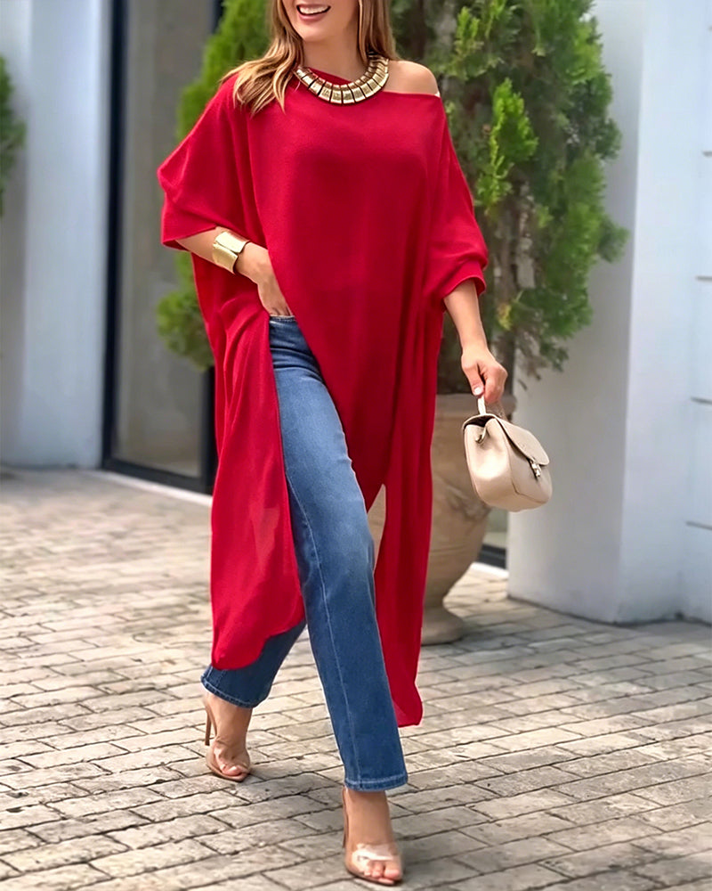 Women's Skew Neck Batwing Sleeve Tee Asymmetric Loose Cape Blouse Slit Elegant Top