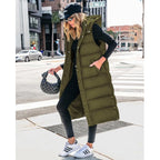 Women's Long Puffer Vest with Quilted Hood & Button Down Closure