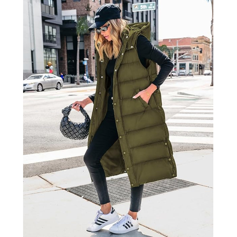 Women's Long Puffer Vest with Quilted Hood & Button Down Closure