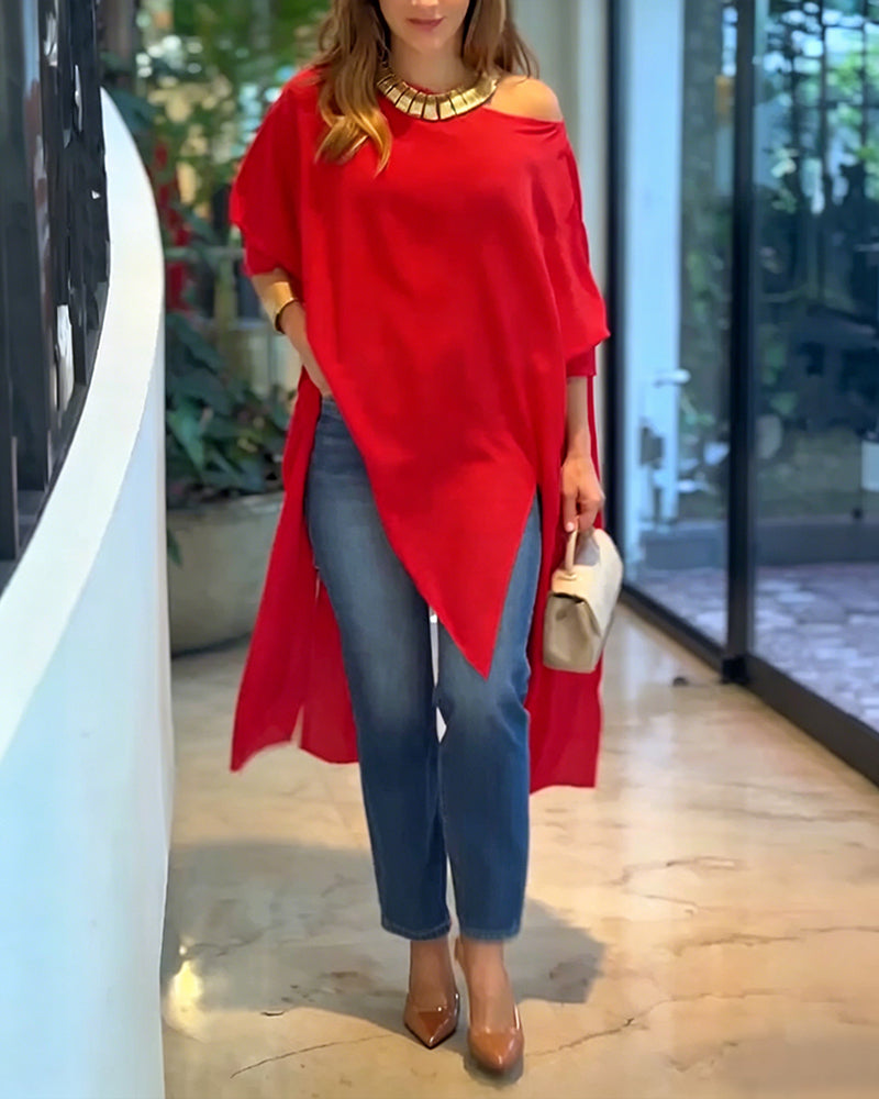 Women's Skew Neck Batwing Sleeve Tee Asymmetric Loose Cape Blouse Slit Elegant Top