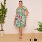 Abstract Striped V-Neck Short Sleeve Oversized Dress