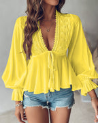 Butterfly Pattern Decor Deep V Neck Long Sleeve Blouse Casual Tie Front Flared Cuffs Lace Trim A-Line Hem Top