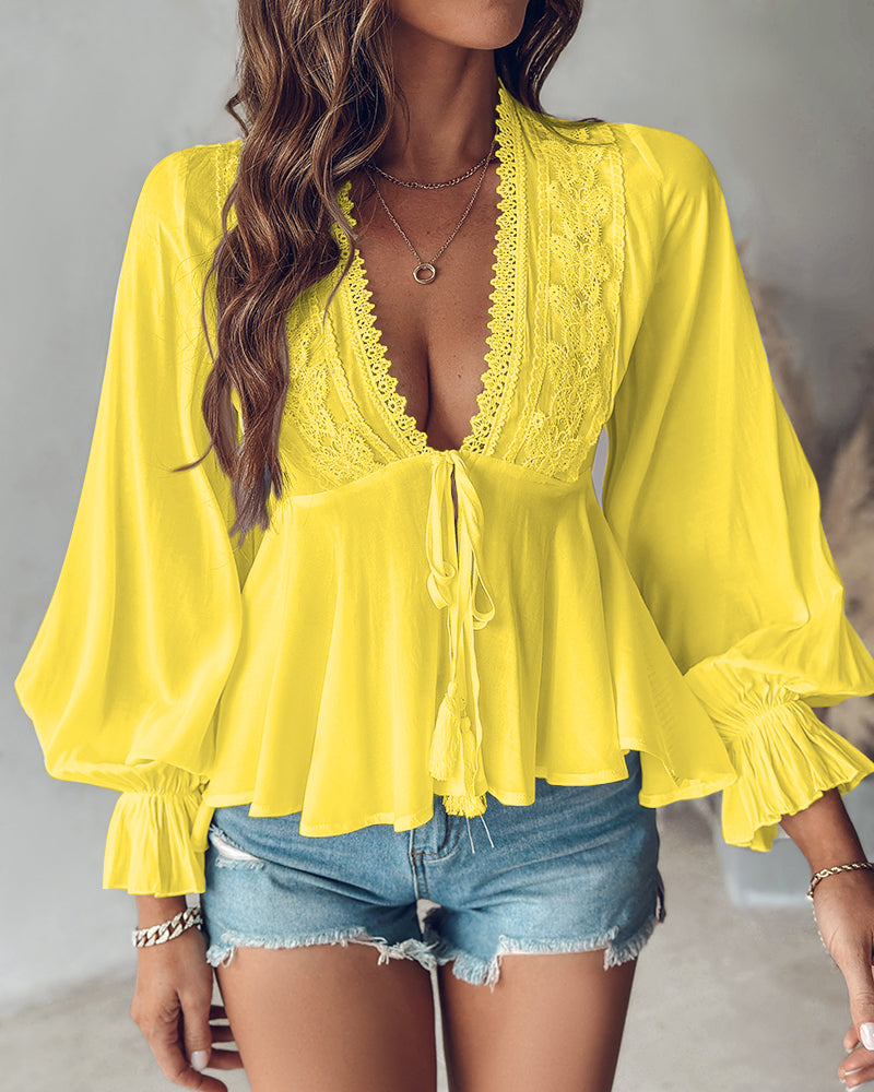 Butterfly Pattern Decor Deep V Neck Long Sleeve Blouse Casual Tie Front Flared Cuffs Lace Trim A-Line Hem Top