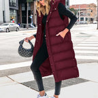 Women's Long Puffer Vest with Quilted Hood & Button Down Closure