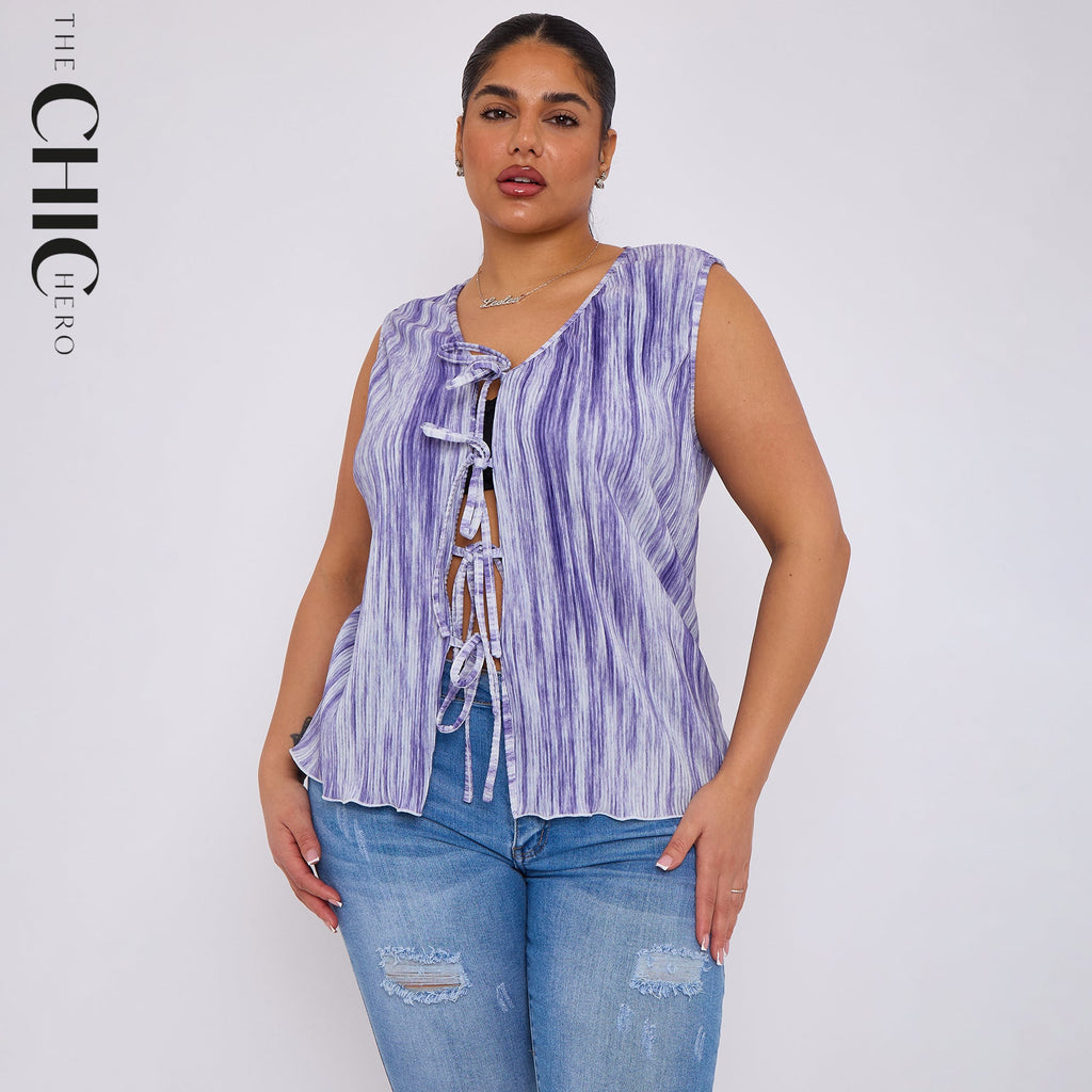 Purple Abstract Geometric Printed Stretchy Pleated V Neck Lace-up Sleeveless Shirt