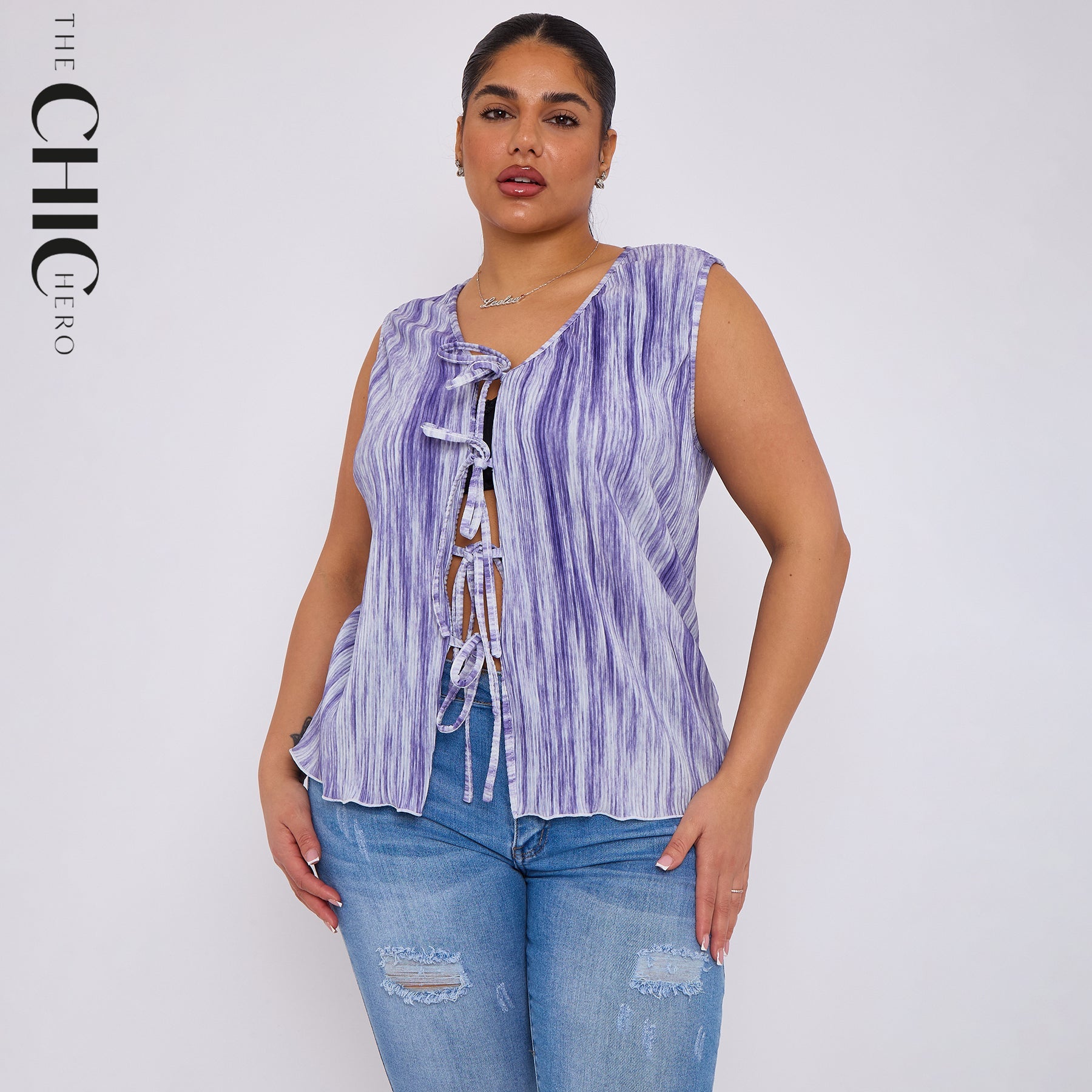 Purple Abstract Geometric Printed Stretchy Pleated V Neck Lace-up Sleeveless Shirt