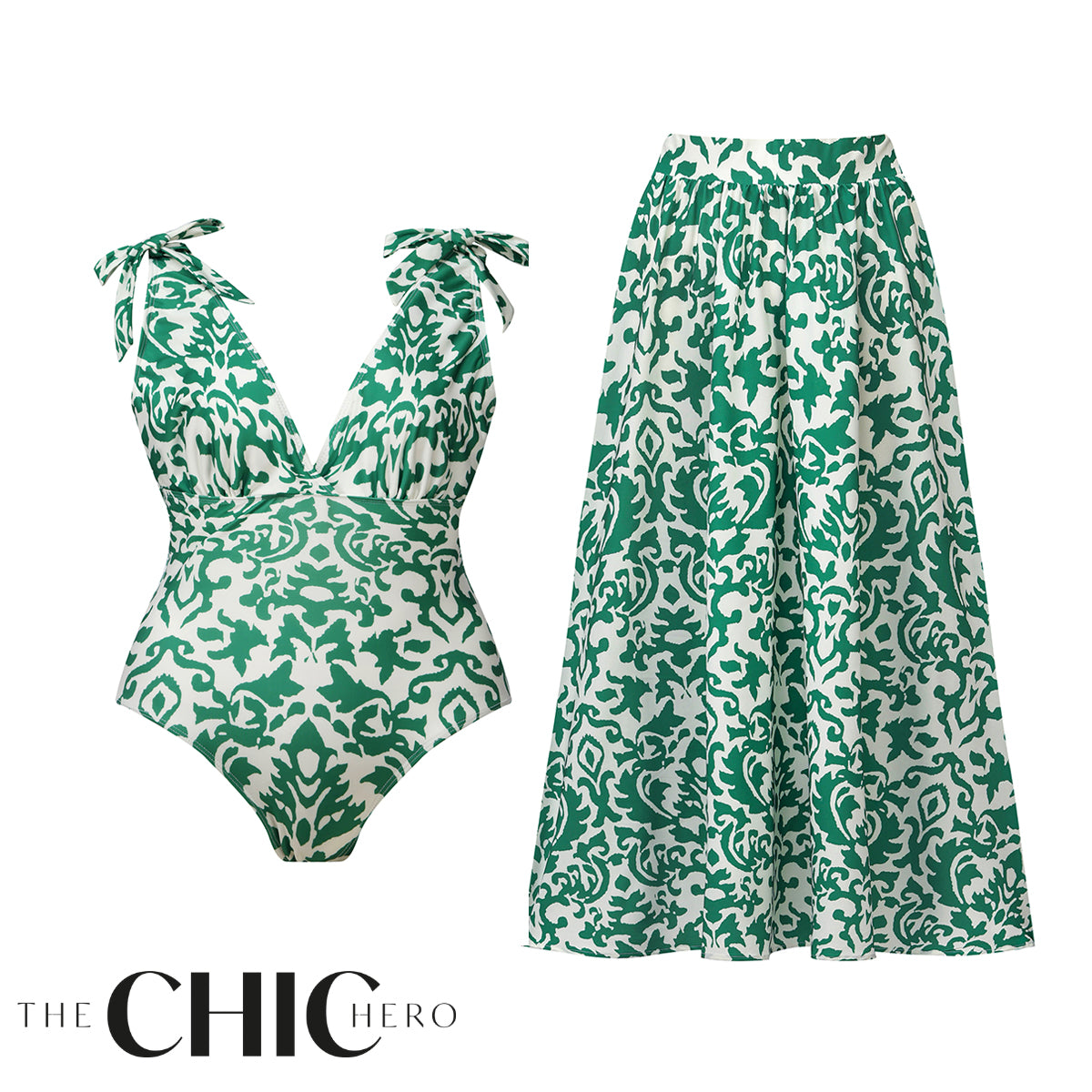 Green Boho Breeze Floral Tie-shoulder One Piece Swimsuit&Skirt