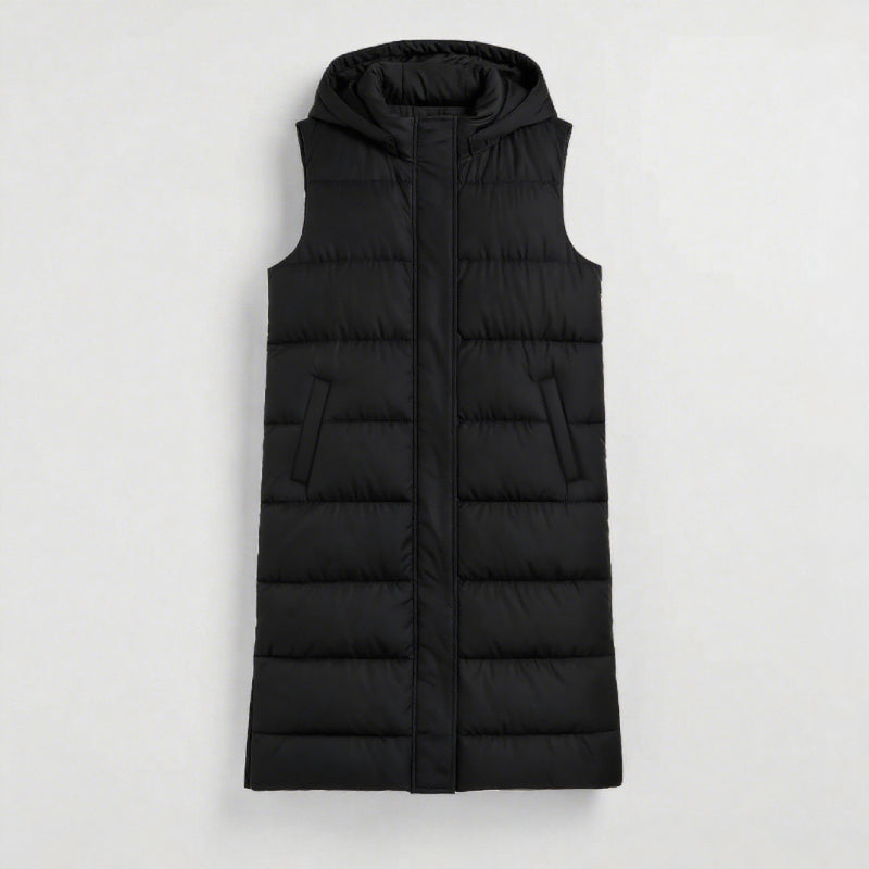 Women's Long Puffer Vest with Quilted Hood & Button Down Closure