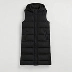 Women's Long Puffer Vest with Quilted Hood & Button Down Closure