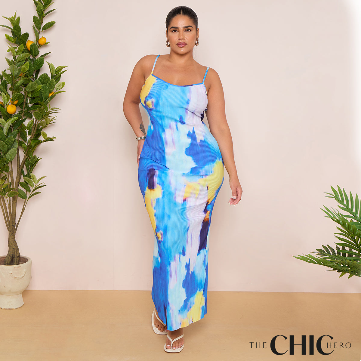 Plus Blue Printed Plisse Cowl Neck Bodycon Dress