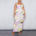 Multi Watercolour Plisse Strappy Maxi Dress